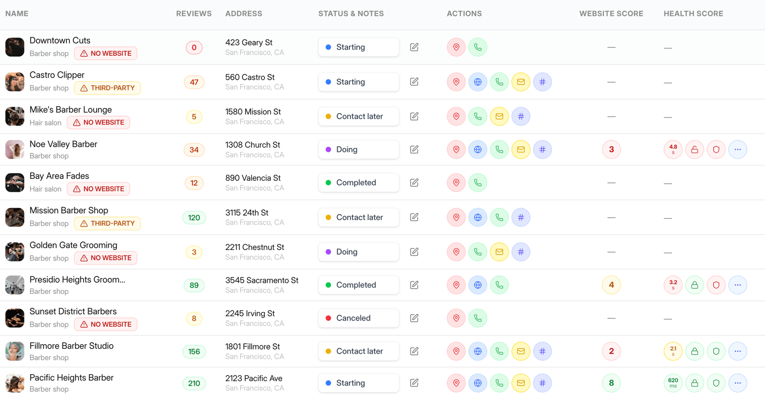 Webleadr dashboard showing local business leads and lead details.